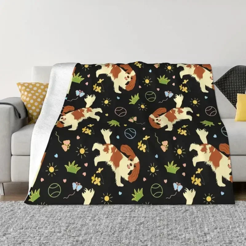 Cavalier King Charles Spaniel Blankets Flannel Winter Floral Bouquet Cute Dog Lover Breed Pet Portrait Throw Blanket For Bedroom