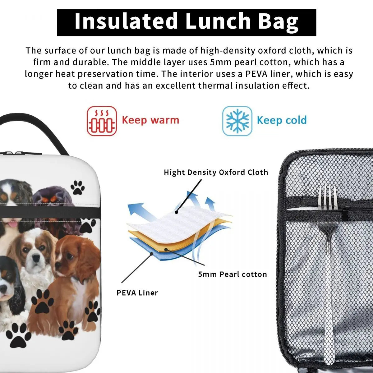 Cavalier King Charles Spaniel Portable Lunch Box Leakproof Family Group Dog Lover Thermal Cooler Food Insulated Lunch Bag Kids
