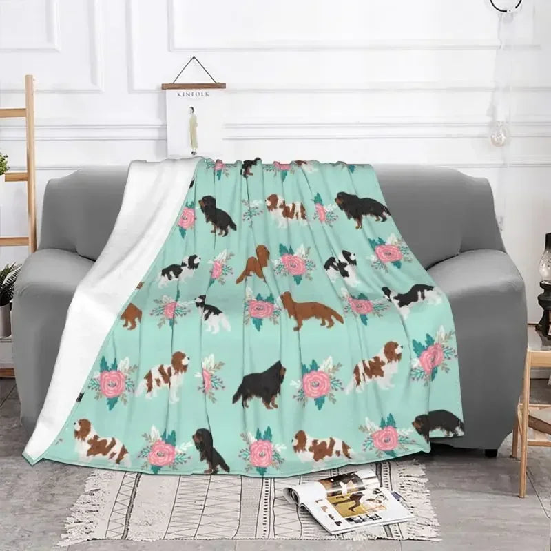 Cavalier King Charles Spaniel Blankets Flannel Winter Floral Bouquet Cute Dog Lover Breed Pet Portrait Throw Blanket For Bedroom