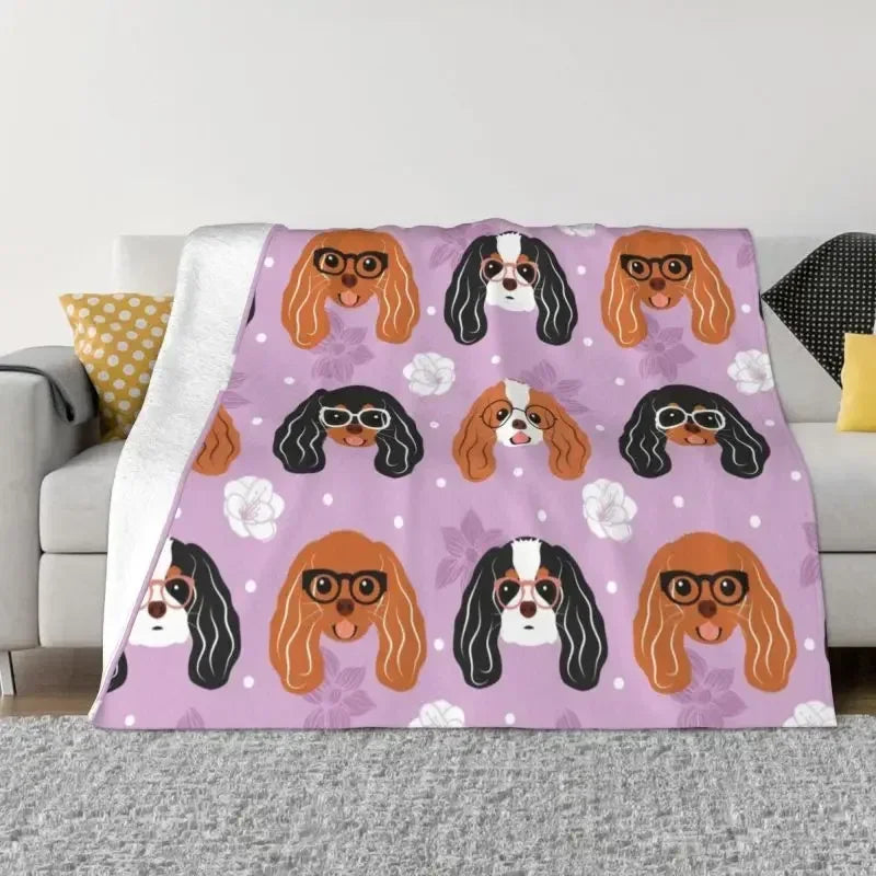 Cavalier King Charles Spaniel Blankets Flannel Winter Floral Bouquet Cute Dog Lover Breed Pet Portrait Throw Blanket For Bedroom