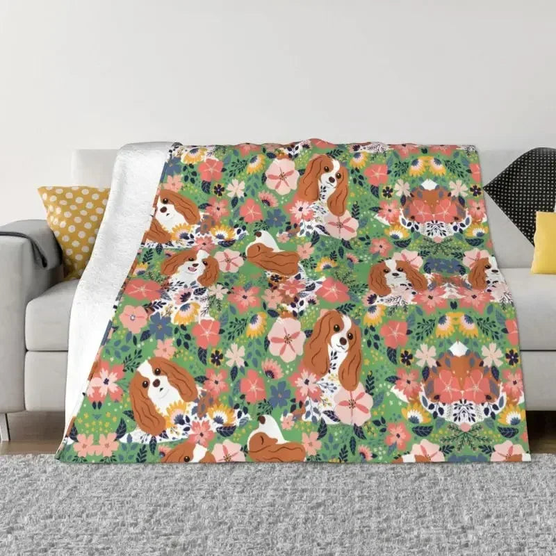 Cavalier King Charles Spaniel Blankets Flannel Winter Floral Bouquet Cute Dog Lover Breed Pet Portrait Throw Blanket For Bedroom