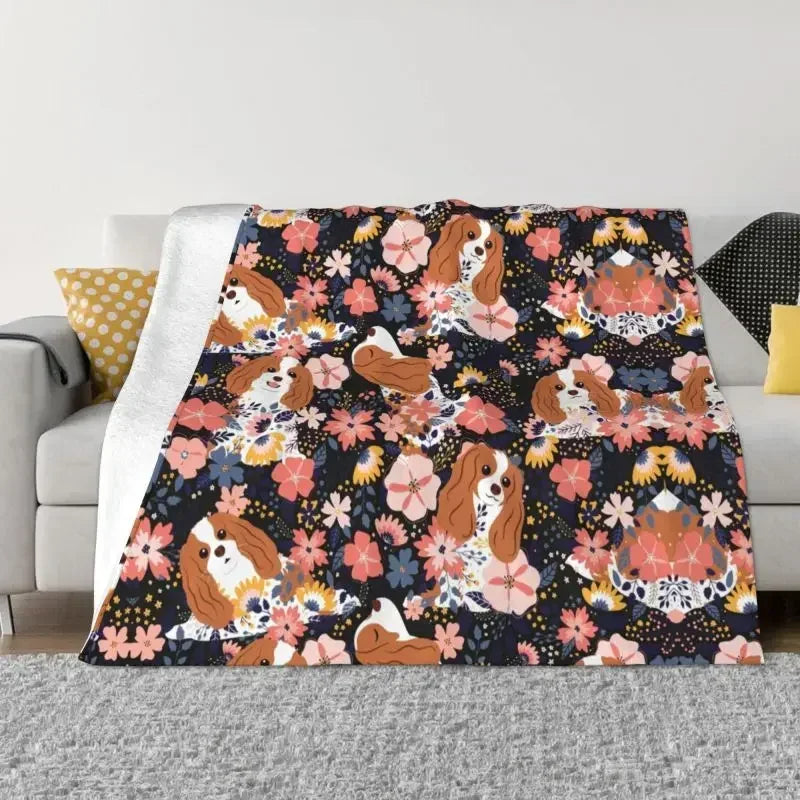 Cavalier King Charles Spaniel Blankets Flannel Winter Floral Bouquet Cute Dog Lover Breed Pet Portrait Throw Blanket For Bedroom