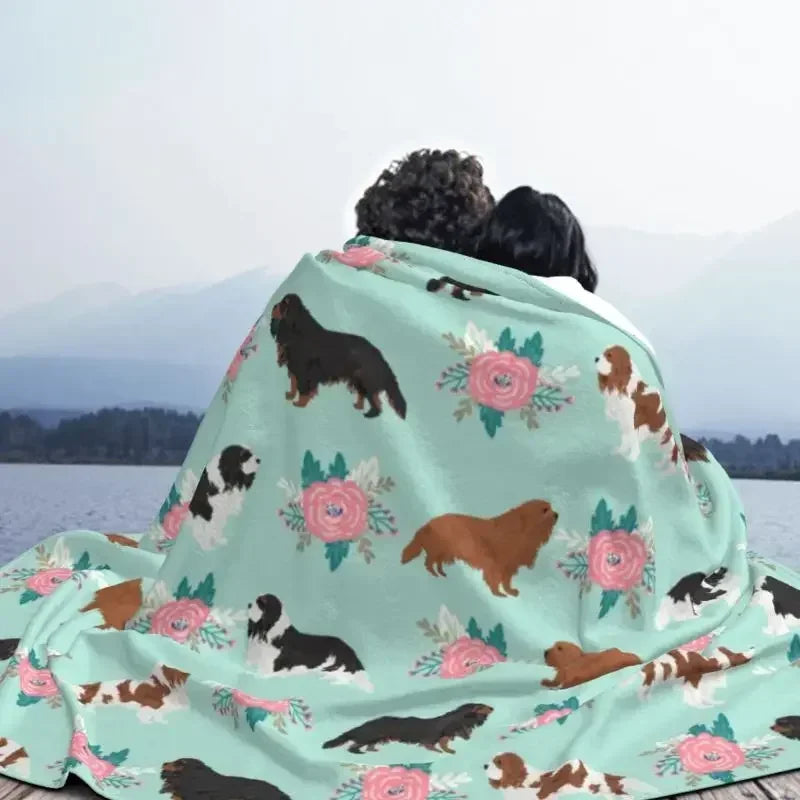 Cavalier King Charles Spaniel Blankets Flannel Winter Floral Bouquet Cute Dog Lover Breed Pet Portrait Throw Blanket For Bedroom