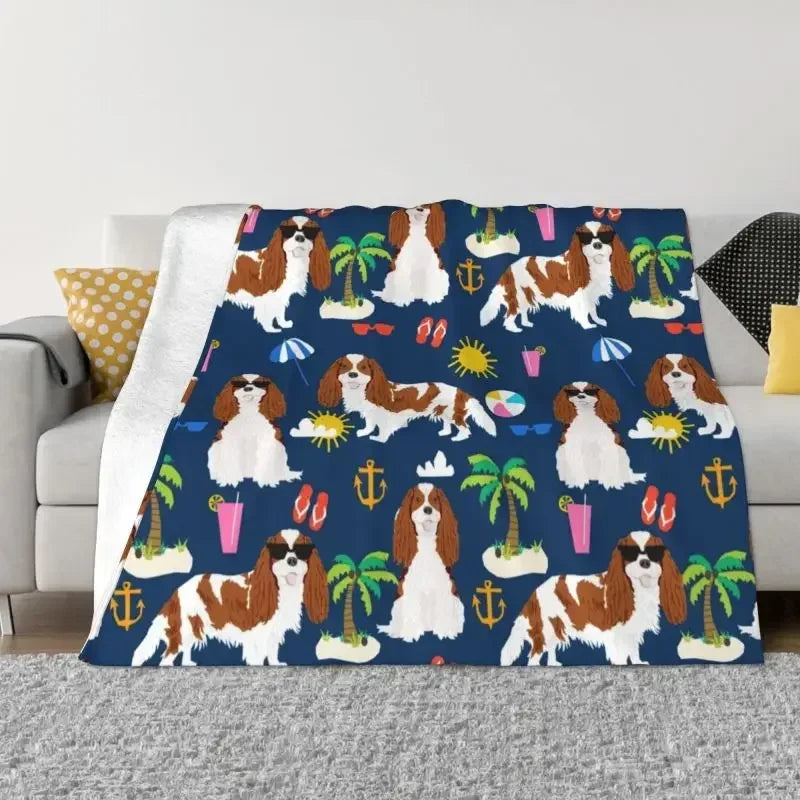 Cavalier King Charles Spaniel Blankets Flannel Winter Floral Bouquet Cute Dog Lover Breed Pet Portrait Throw Blanket For Bedroom