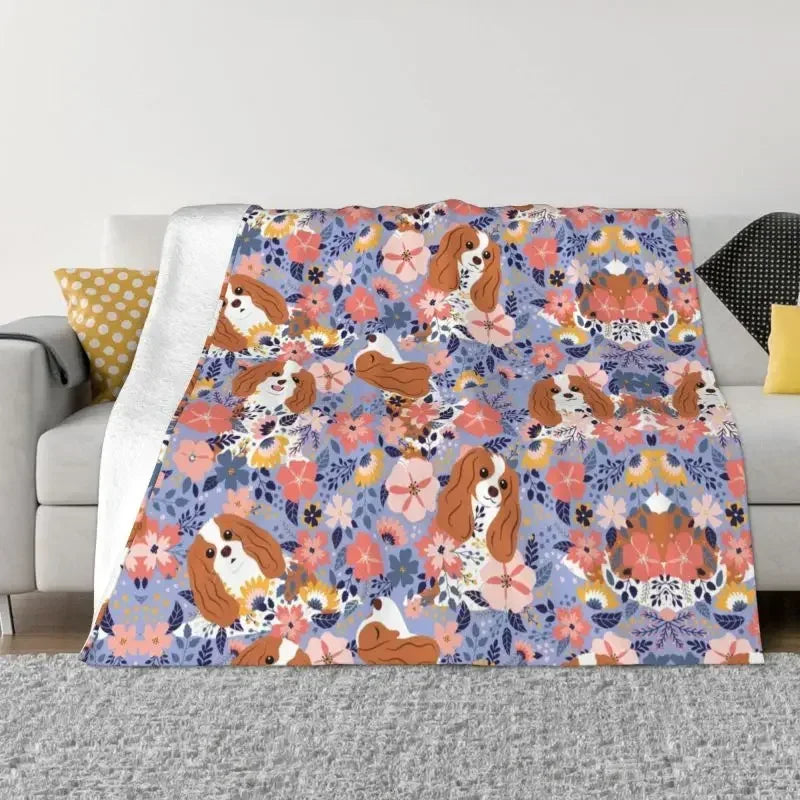 Cavalier King Charles Spaniel Blankets Flannel Winter Floral Bouquet Cute Dog Lover Breed Pet Portrait Throw Blanket For Bedroom