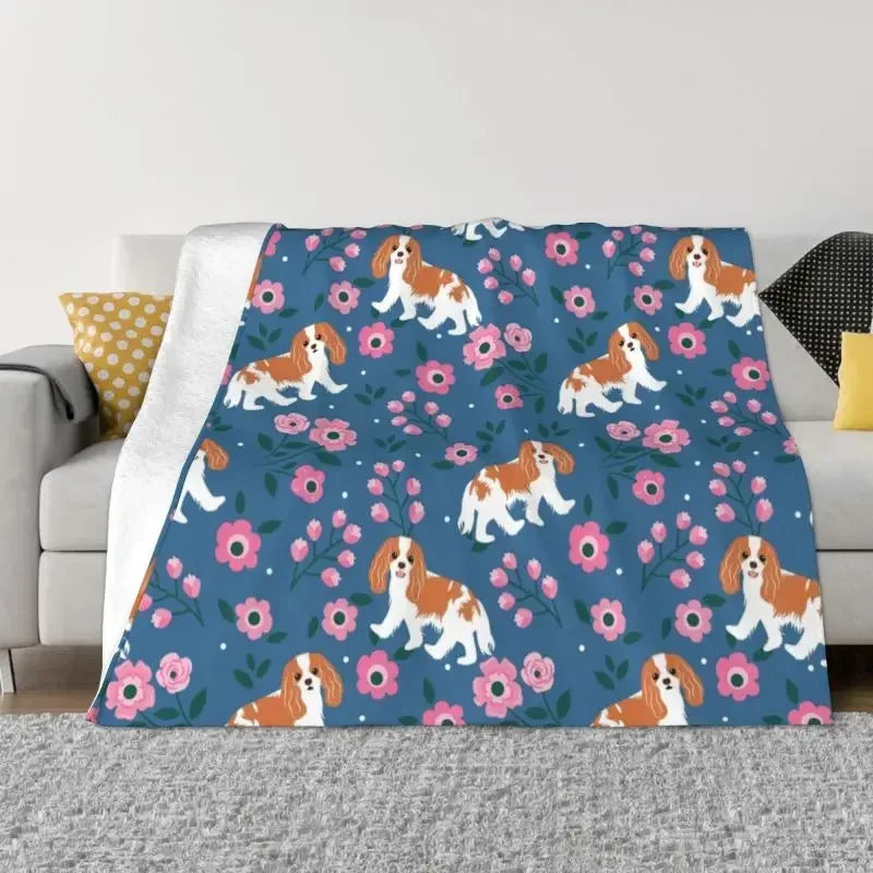 Cavalier King Charles Spaniel Blankets Flannel Winter Floral Bouquet Cute Dog Lover Breed Pet Portrait Throw Blanket For Bedroom