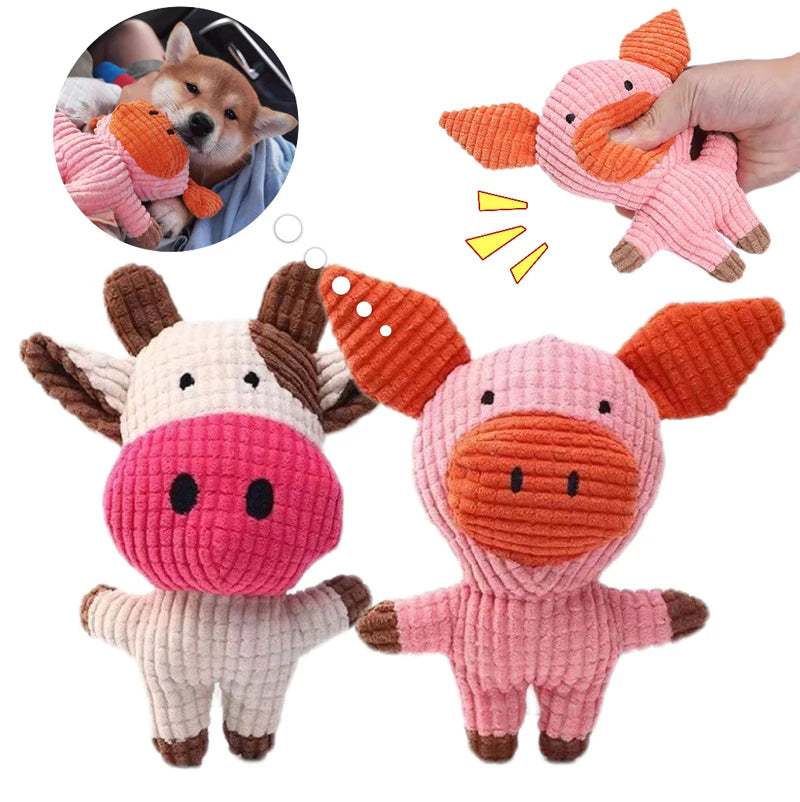 Cavalier King Charles Spaniel Plush Toy Set - Cow & Pig Squeaky Toys for Small Dogs