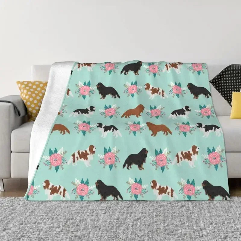 Cavalier King Charles Spaniel Blankets Flannel Winter Floral Bouquet Cute Dog Lover Breed Pet Portrait Throw Blanket For Bedroom