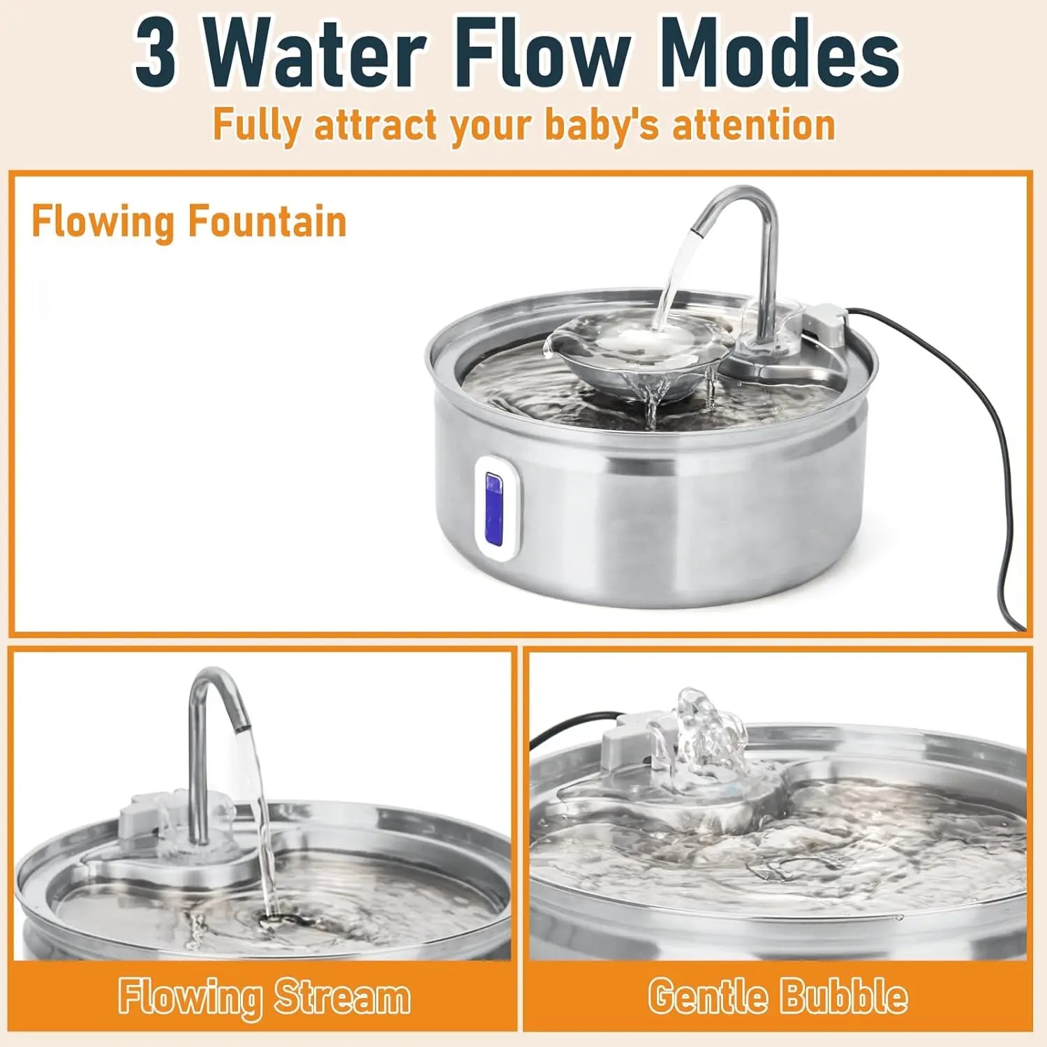 Stainless Steel Water Fountain for Cats and Dogs, Automatic Bowl with Water Level Window, 3.2L Pet Fountain